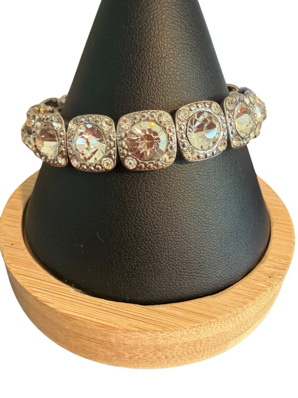 Silver Tone Clear Rhinestone Stretch Bracelet Large Crystal Accents Adj 7"